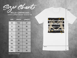 Size chart for Bella + Canvas 3001 unisex jersey tee, with width and length in inches.