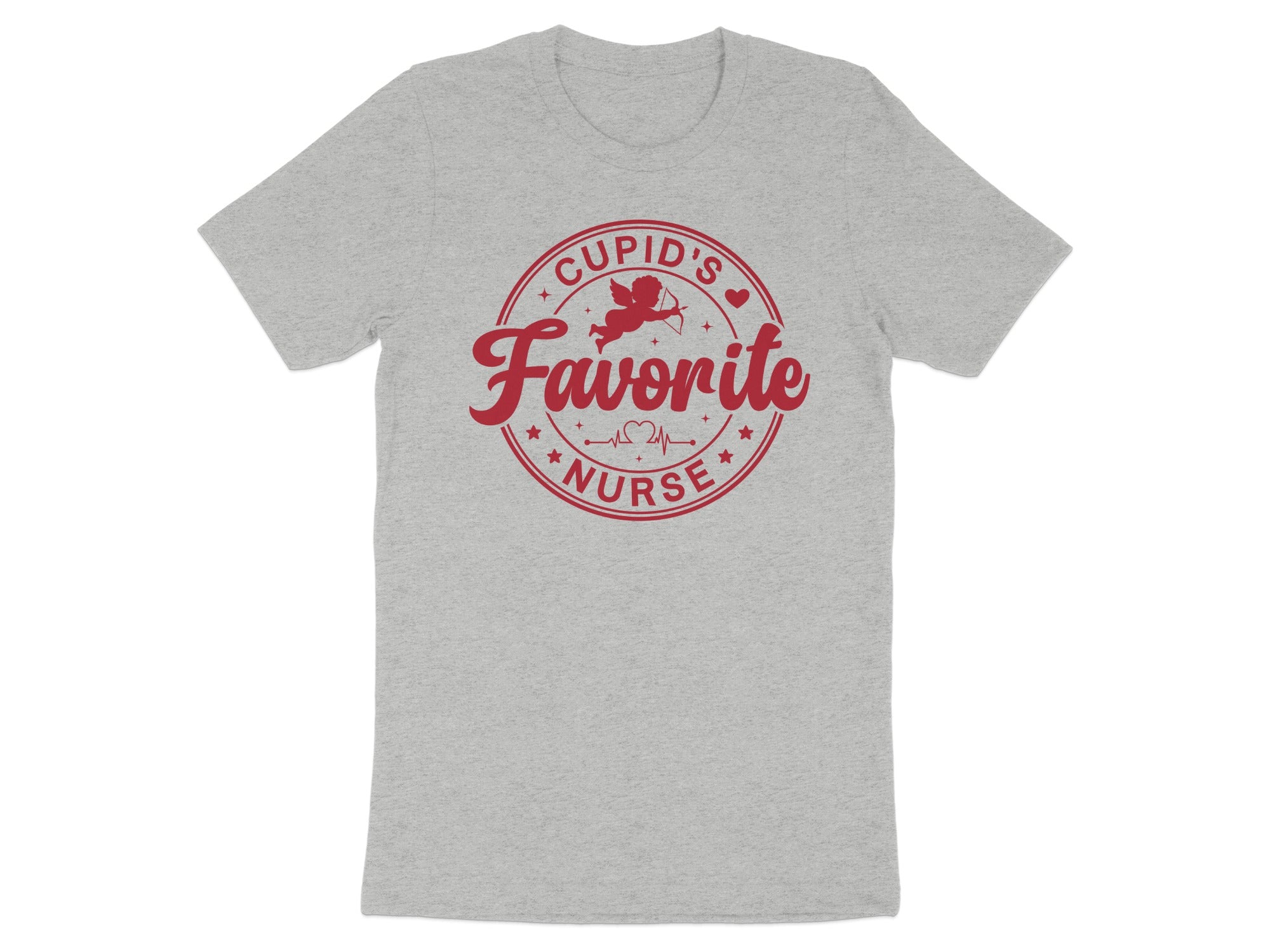 Grey t-shirt with red text and graphics saying "Cupid's Favorite Nurse".