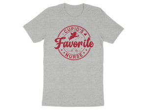 Grey t-shirt with red text and graphics saying "Cupid's Favorite Nurse".