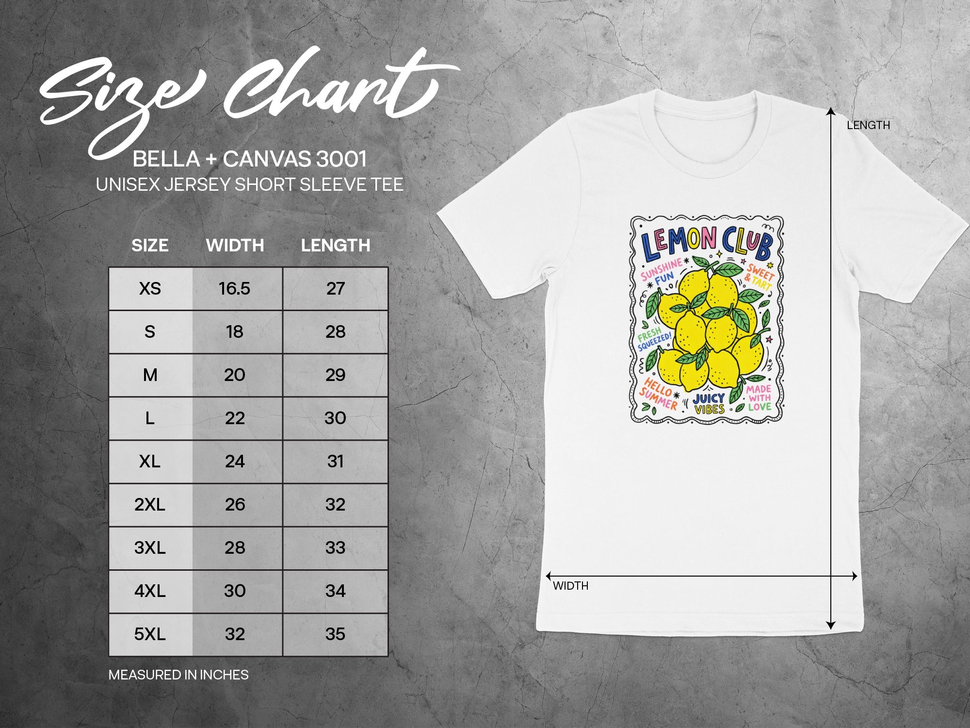 Size chart for Bella + Canvas 3001 unisex jersey tee with lemons graphic.