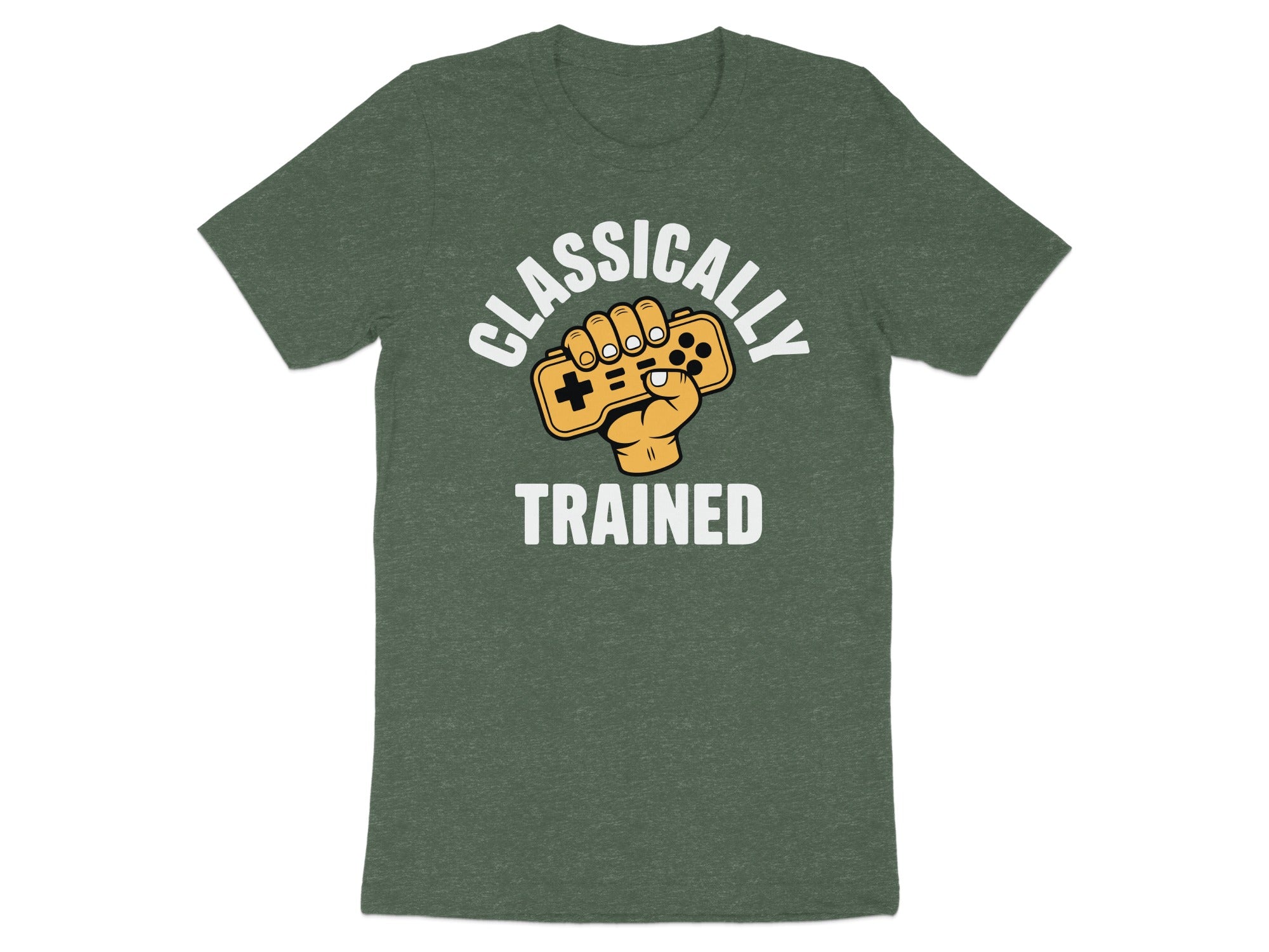 Dark green t-shirt with a graphic of a hand holding a retro video game controller and text that reads "CLASSICALLY TRAINED".
