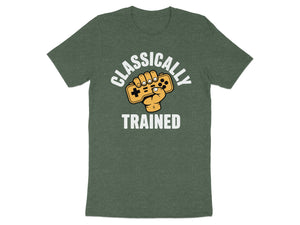 Dark green t-shirt with a graphic of a hand holding a retro video game controller and text that reads "CLASSICALLY TRAINED".