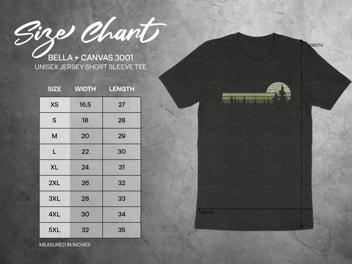 Bella + Canvas 3001 unisex t-shirt size chart with width and length measurements in inches.