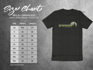Bella + Canvas 3001 unisex t-shirt size chart with width and length measurements in inches.