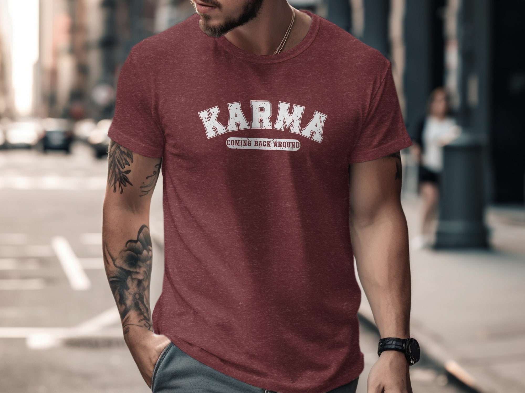 Maroon t-shirt with white text "KARMA COMING BACK AROUND" on the chest.