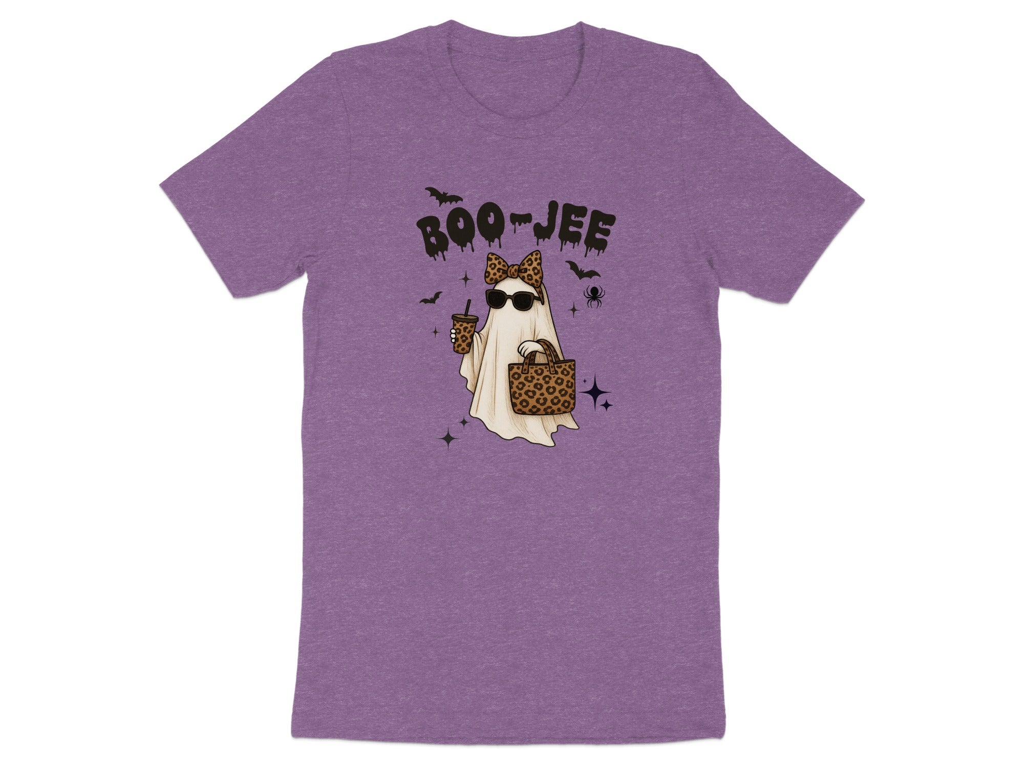 Ghost with leopard print bow and bag, holding iced coffee, with "Boo-Jee" text.