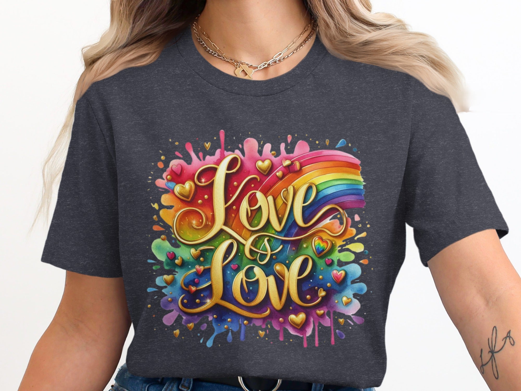 Dark grey t-shirt with colorful "Love is Love" text, rainbow, and hearts graphic.