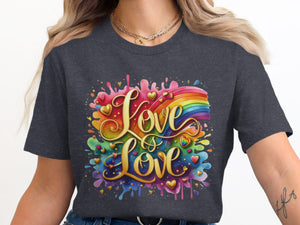 Dark grey t-shirt with colorful "Love is Love" text, rainbow, and hearts graphic.