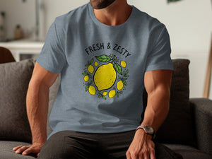Grey t-shirt with a circular lemon graphic and text "Fresh & Zesty".
