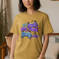 T-shirt with cartoon cat game controllers and text "New Level Play Cool Game".