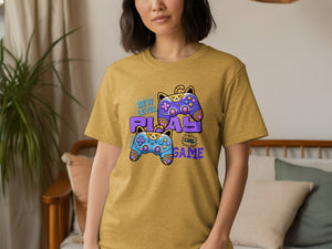 T-shirt with cartoon cat game controllers and text "New Level Play Cool Game".