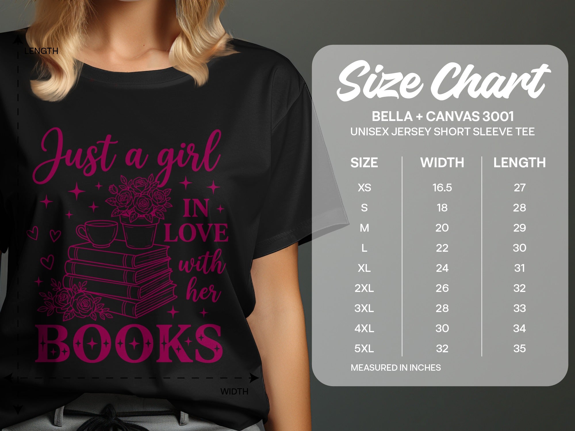 Black t-shirt with pink graphic and Bella + Canvas 3001 size chart.