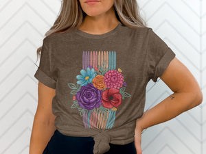 Brown t-shirt featuring a colorful floral bouquet on a striped background.