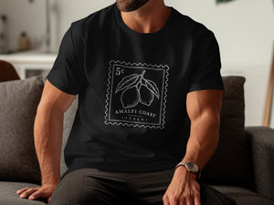 Black t-shirt with white stamp graphic of lemons and "Amalfi Coast Italy" text.