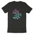 Dark grey t-shirt with "Stay Zesty" text and teal lemon branch illustration.