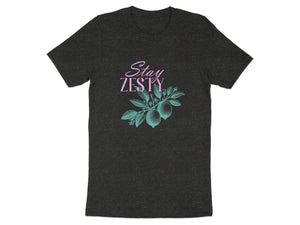 Dark grey t-shirt with "Stay Zesty" text and teal lemon branch illustration.
