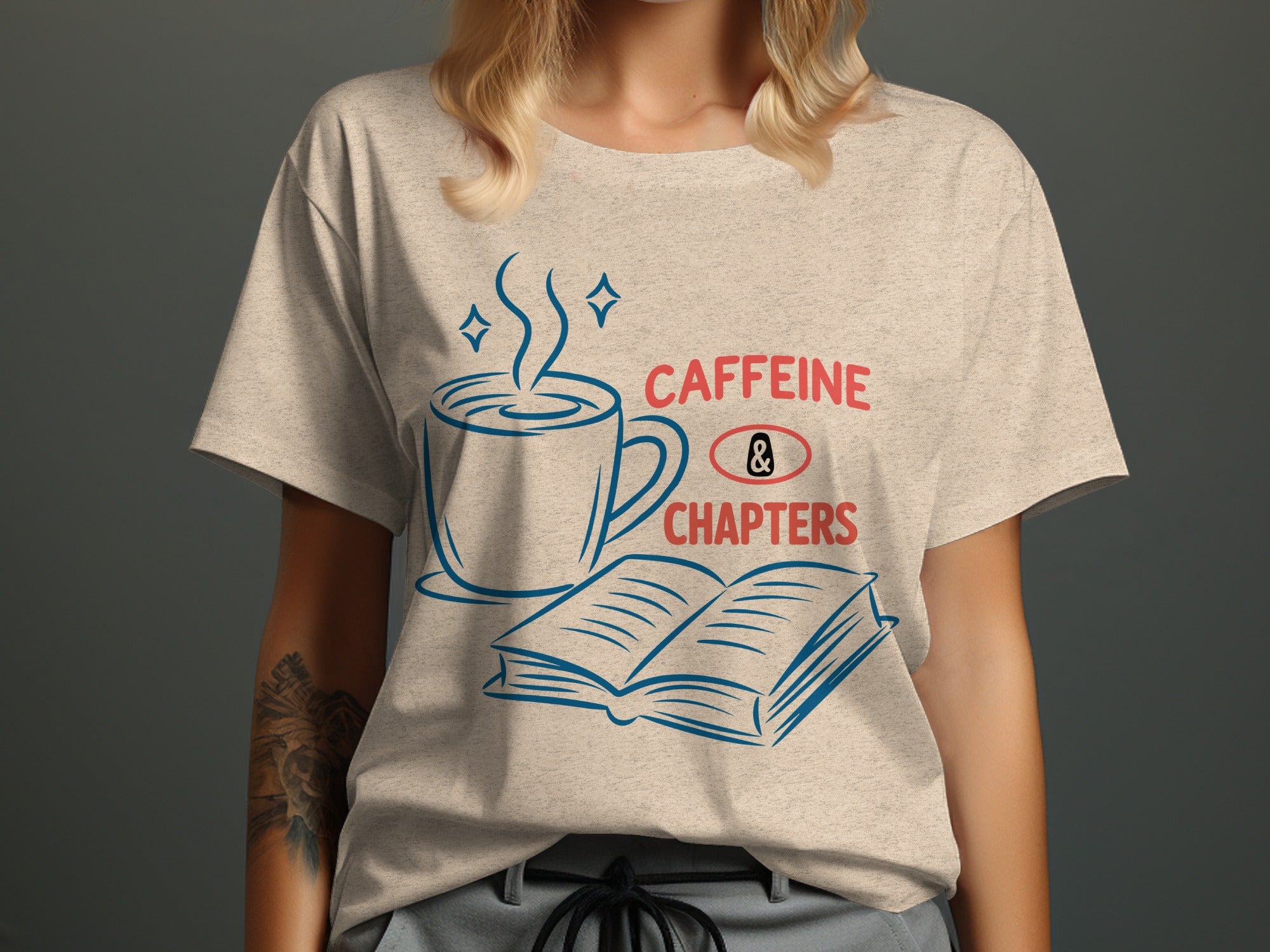 T-shirt graphic with coffee cup, book, and text "Caffeine & Chapters".