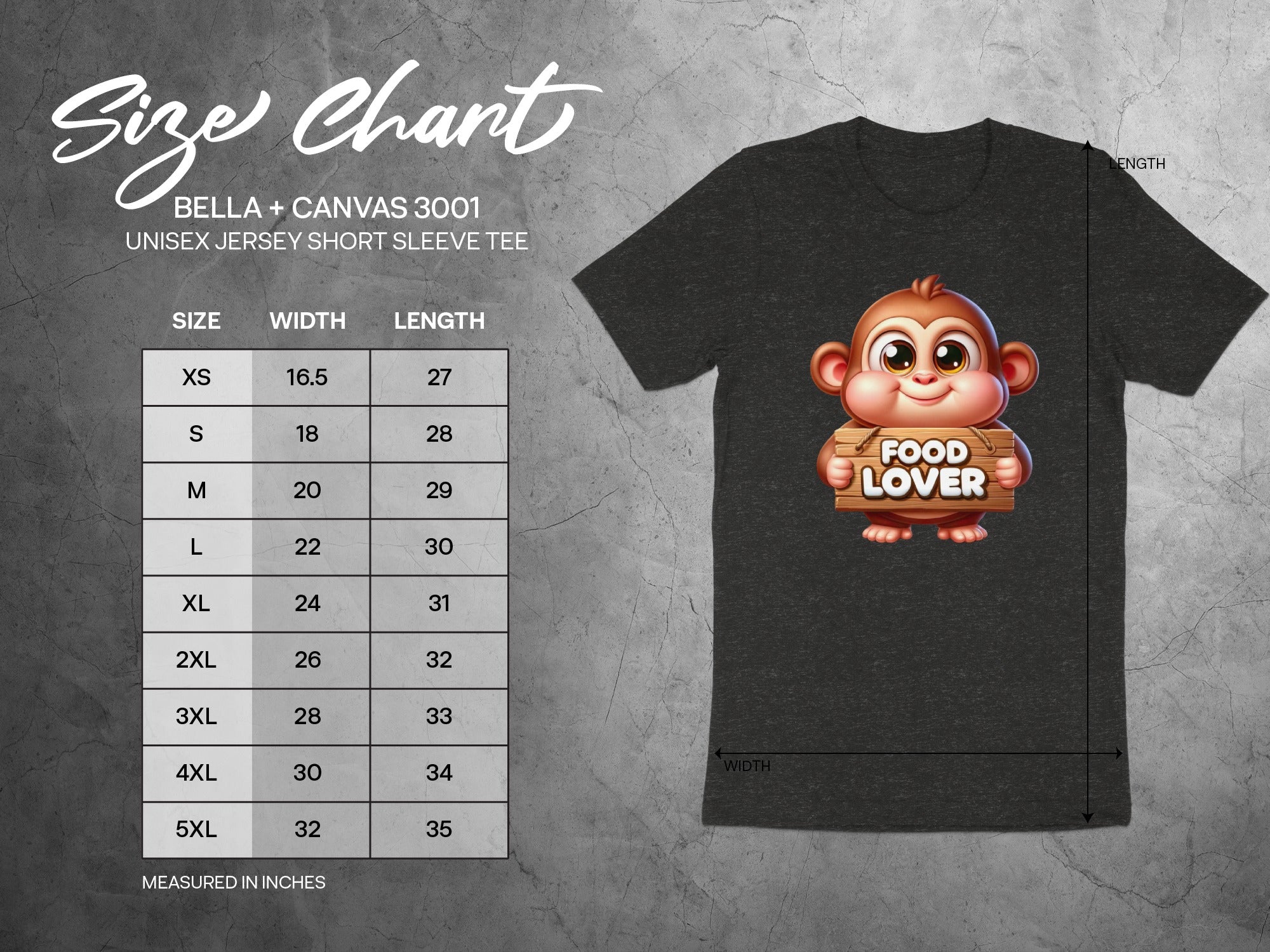 Size chart for Bella + Canvas 3001 unisex tee with monkey graphic, includes size, width, and length.