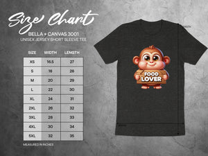Size chart for Bella + Canvas 3001 unisex tee with monkey graphic, includes size, width, and length.
