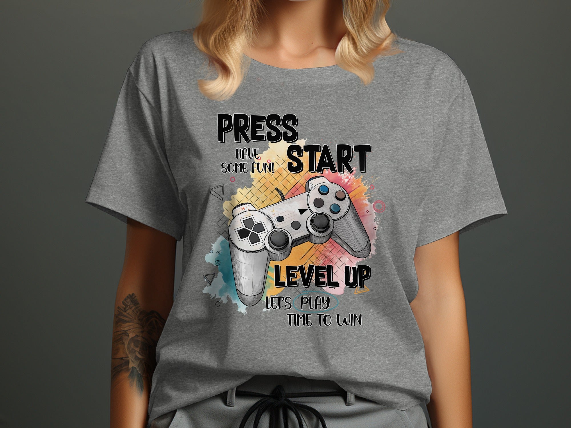 Gray t-shirt with gaming controller and text "PRESS START HAVE SOME FUN! LEVEL UP LET'S PLAY TIME TO WIN".