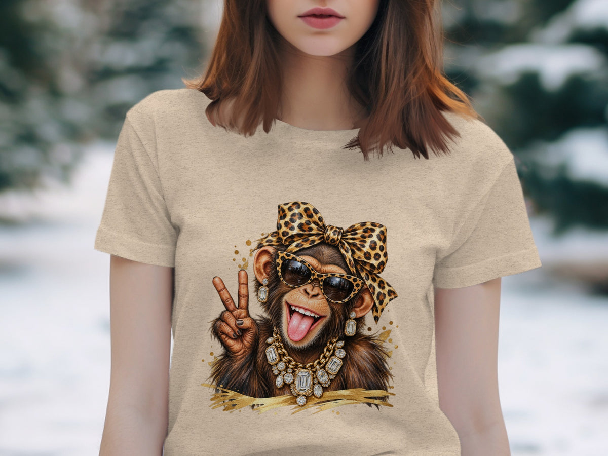 Monkey with leopard bow, sunglasses, jewelry, and peace sign on shirt.