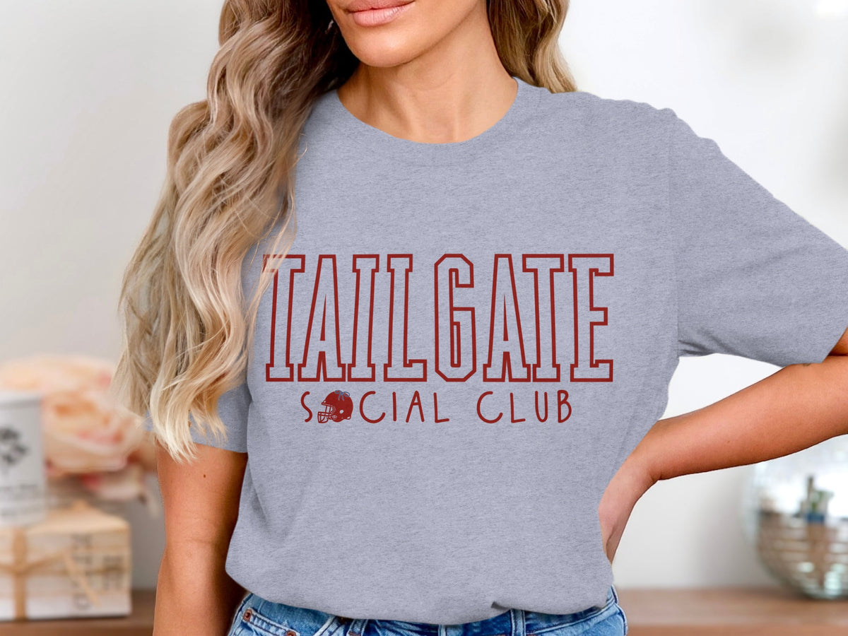 Grey t-shirt with "TAILGATE SOCIAL CLUB" and a football helmet graphic.