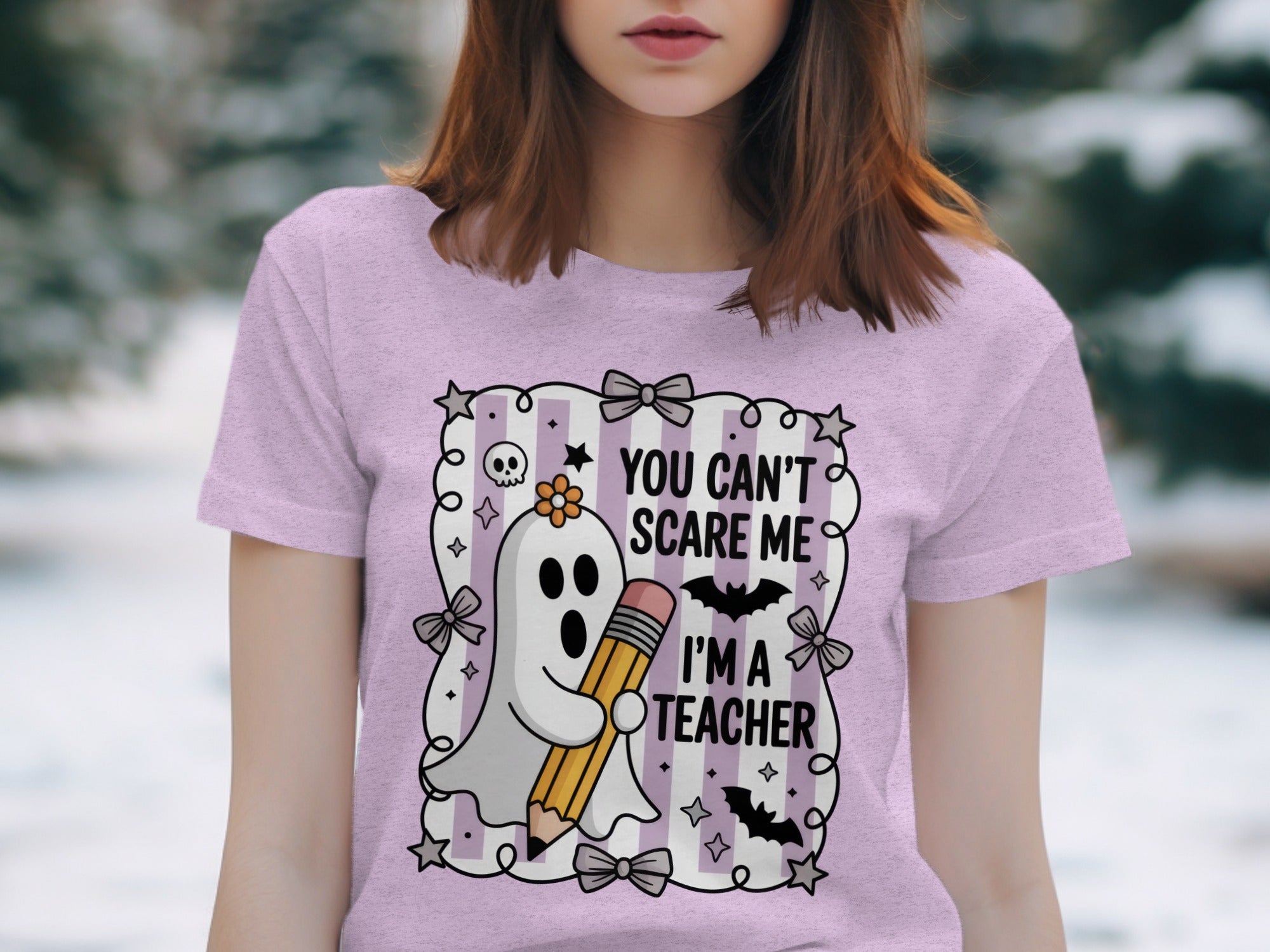 Ghost holding pencil with text "YOU CAN'T SCARE ME I'M A TEACHER".
