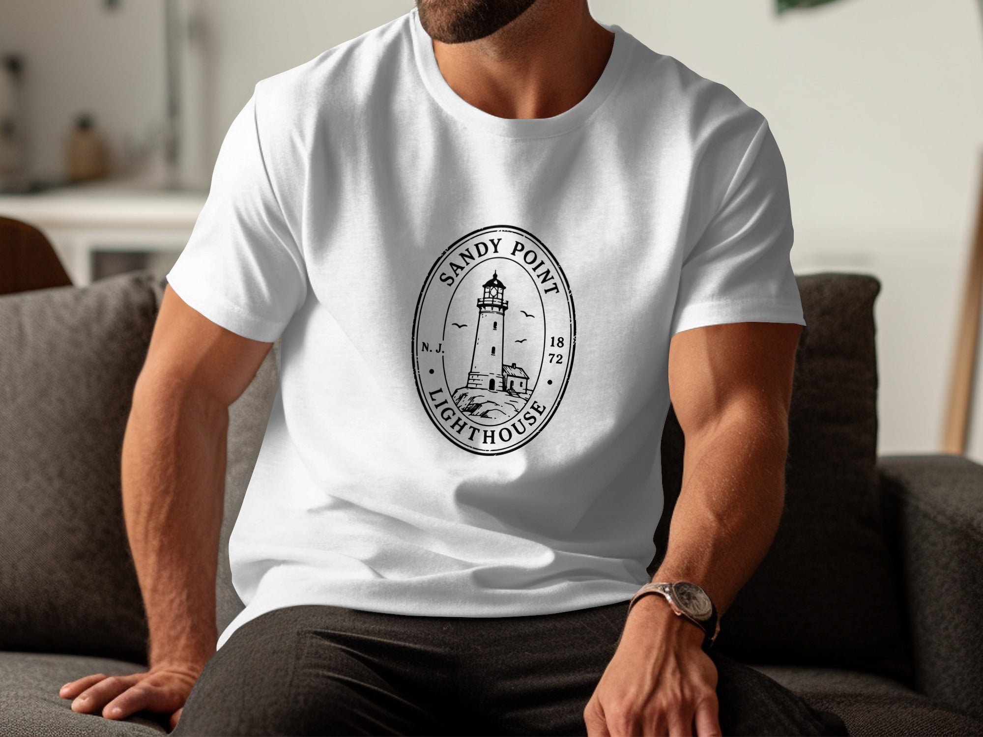 White t-shirt with black "Sandy Point Lighthouse N.J. 1872" graphic.