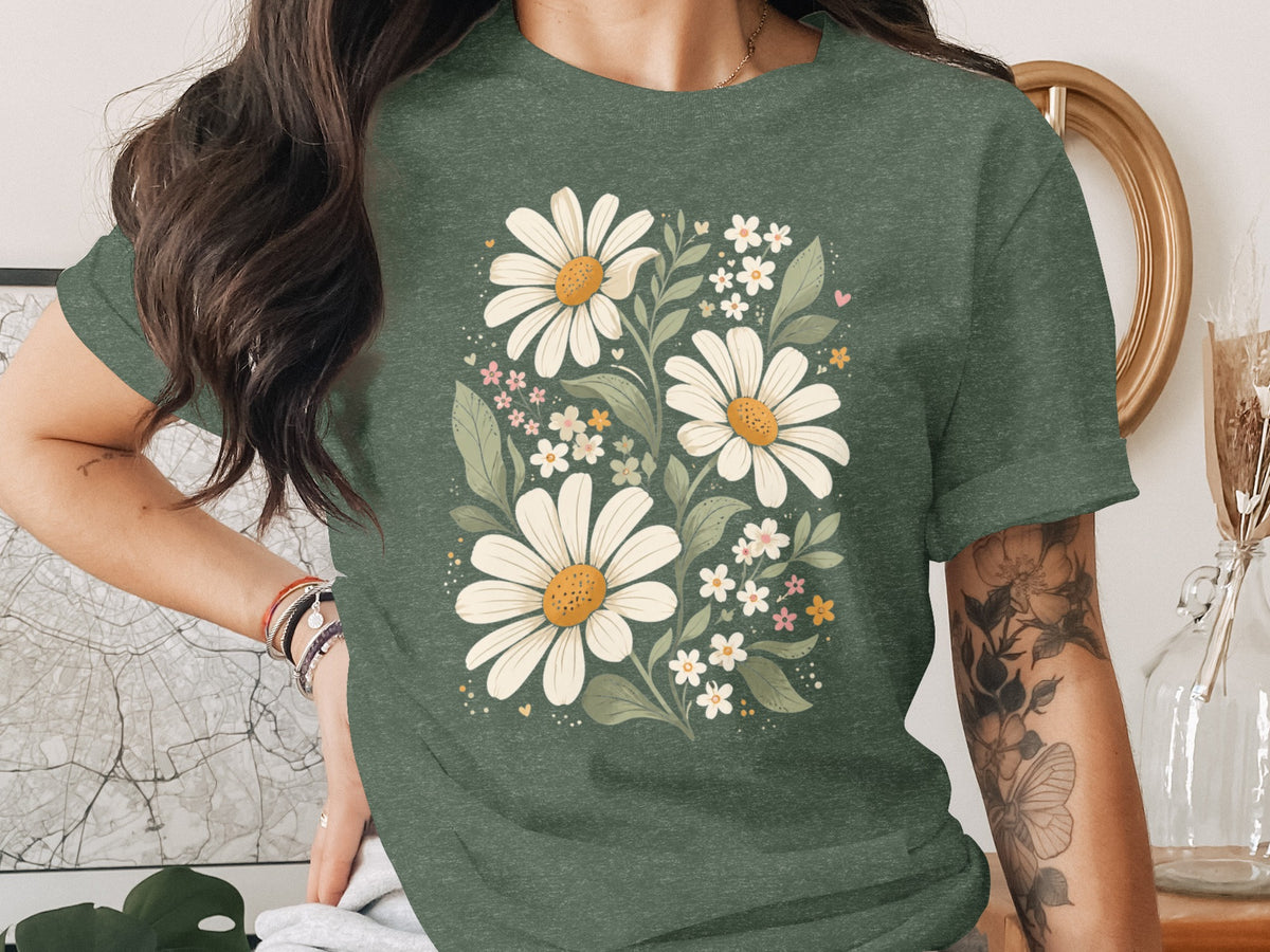 Green t-shirt with a white daisy and floral arrangement graphic.