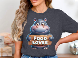 Cartoon hippo holding a wooden sign that says "FOOD LOVER."