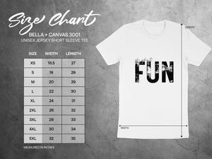 BELLA + CANVAS 3001 size chart for unisex short sleeve tees with measurements in inches.