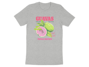 Grey t-shirt with "GUAVAS" text and pink guava illustration.