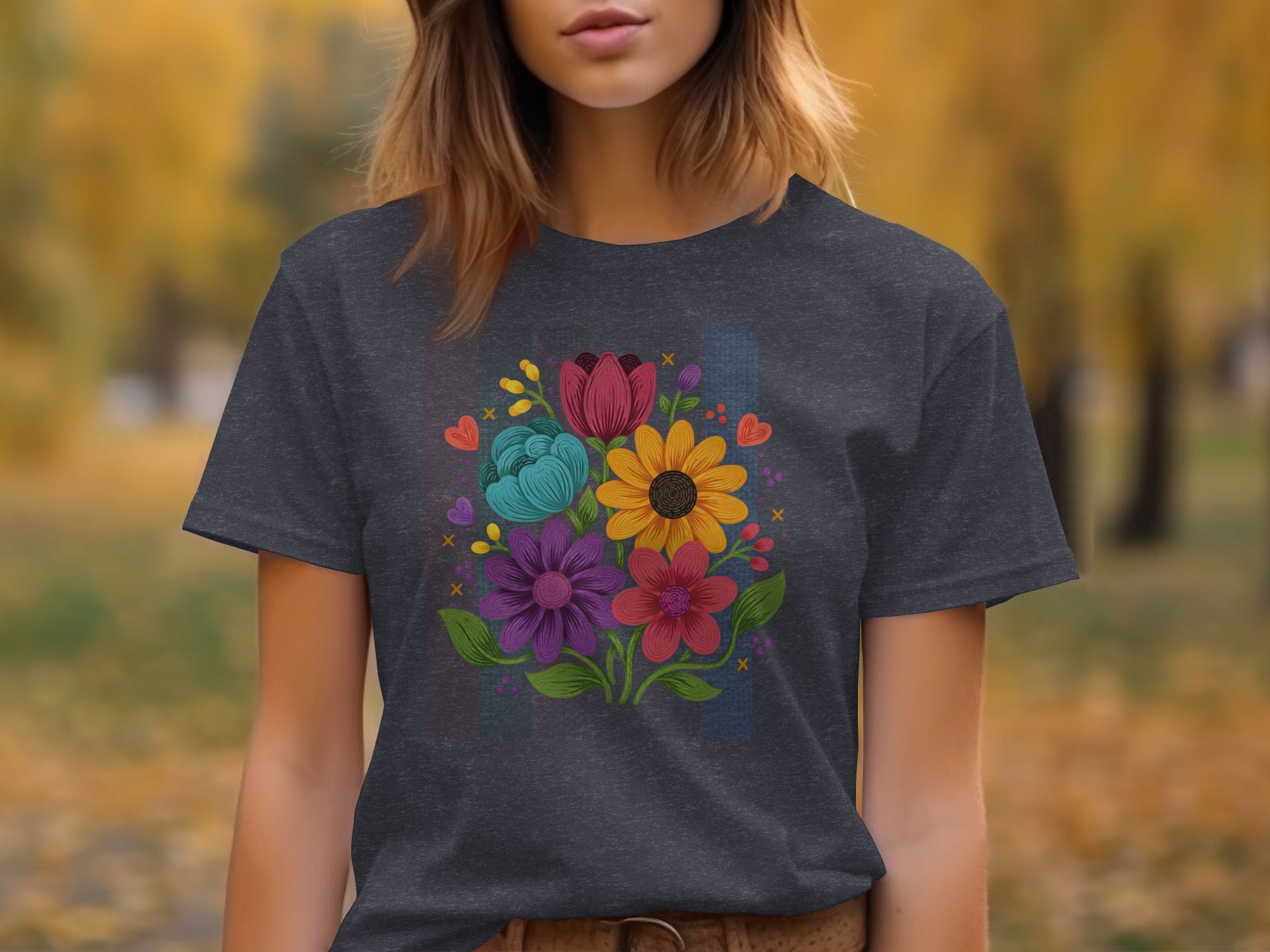 Dark gray t-shirt with a colorful floral bouquet design.