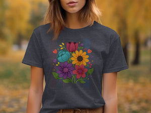 Dark gray t-shirt with a colorful floral bouquet design.