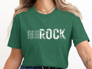 Green t-shirt with white text: "Jingle bell jingle bell jingle bell ROCK"