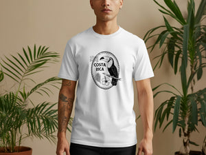 White t-shirt with a black toucan graphic and "COSTA RICA" text.