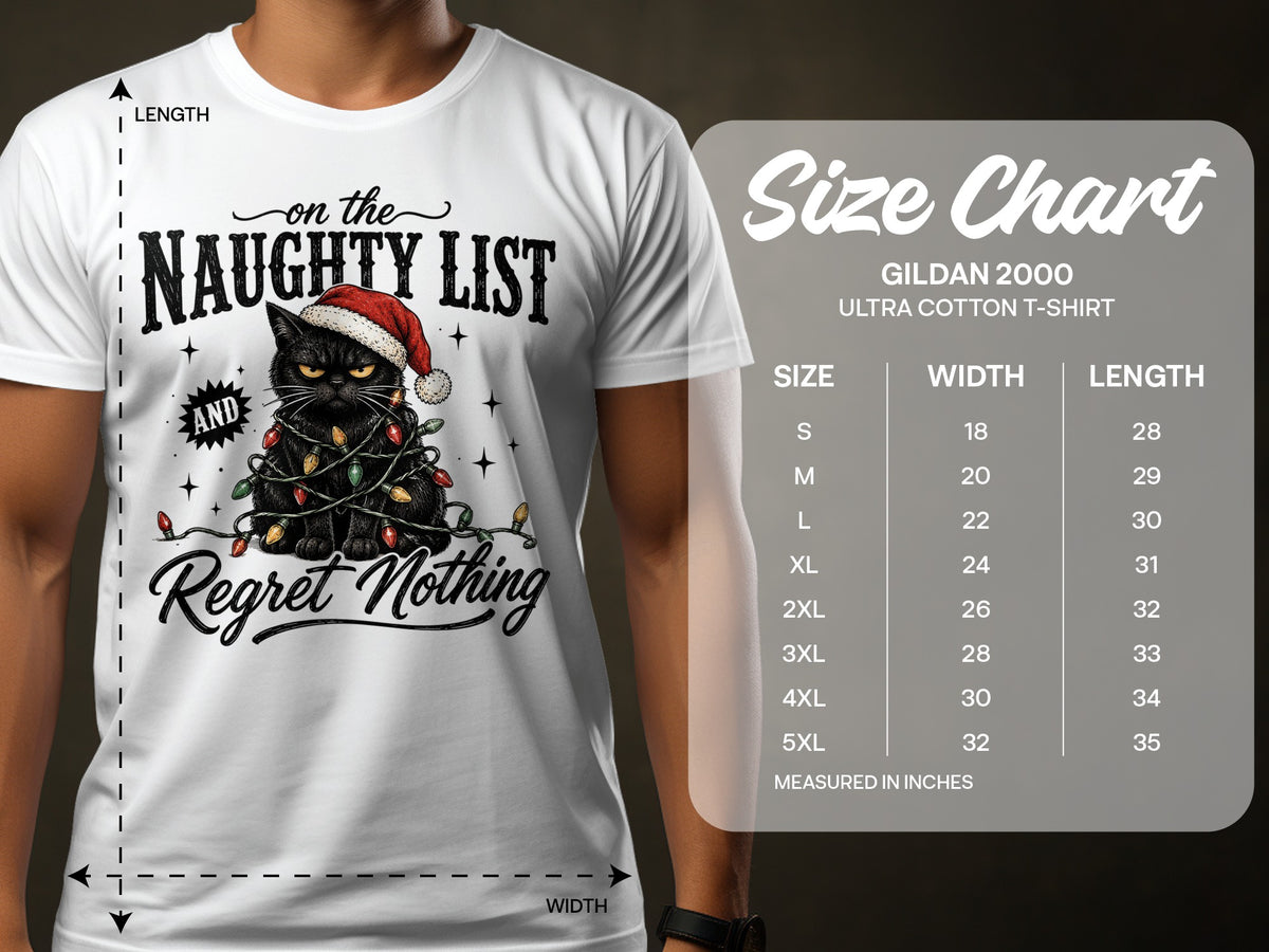 A person wearing a white t-shirt featuring a grinchy black cat in a Santa hat tangled in Christmas lights, with a size chart overlay.