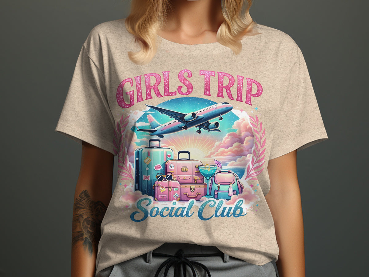 Girls Trip Social Club graphic with airplane, luggage, and tropical drink.