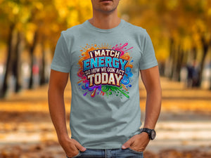 Gray t-shirt with colorful text "I Match Energy So How We Gon' Act Today".
