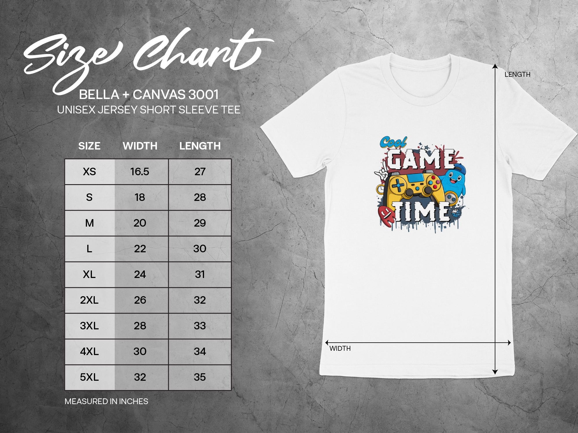 Bella + Canvas 3001 unisex tee size chart with game graphic detailing width and length.
