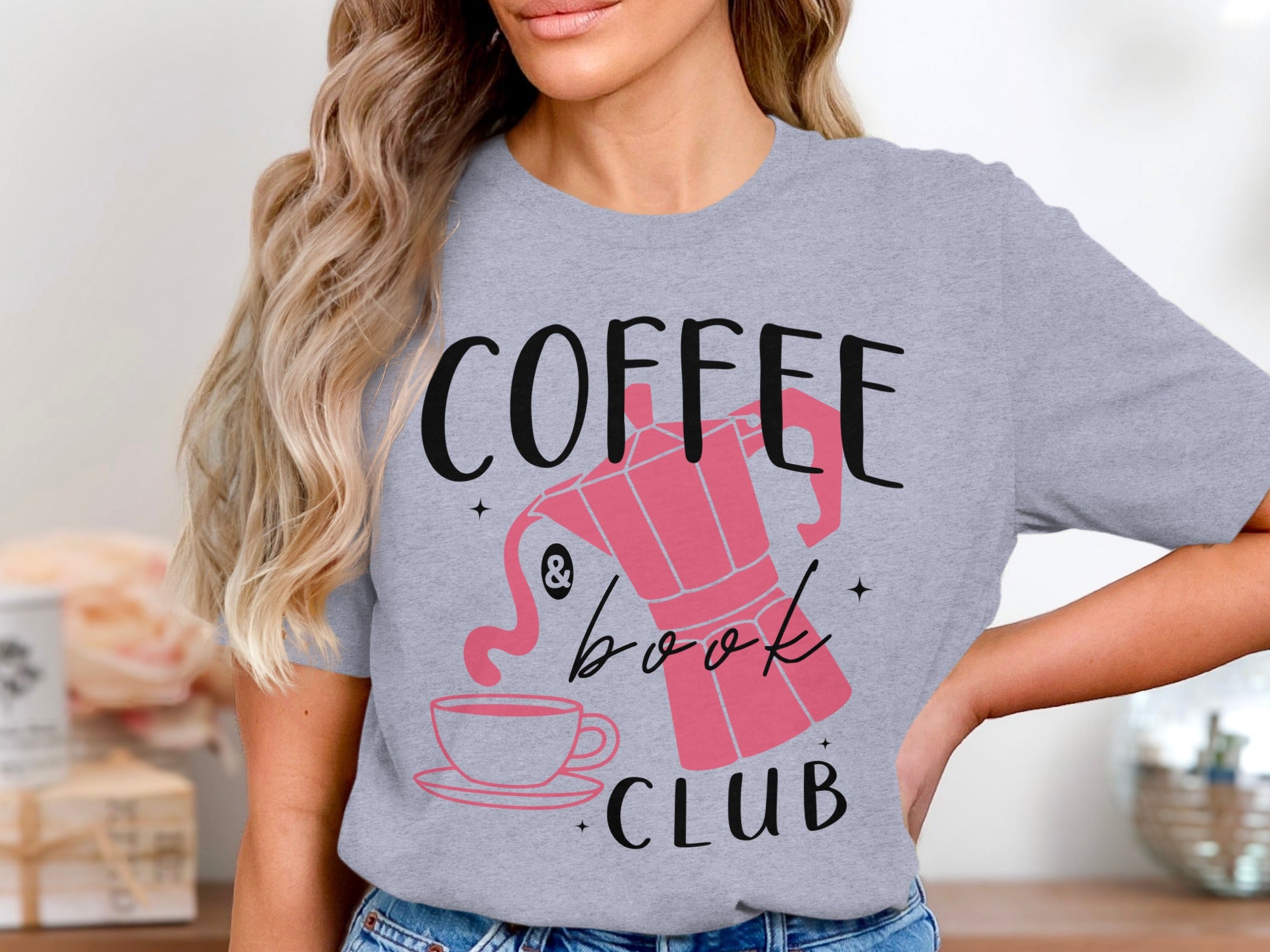 Gray t-shirt with "Coffee & Book Club" text and pink coffee pot graphic.