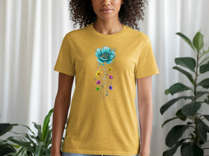 Yellow t-shirt with a watercolor floral design featuring the word "mama".