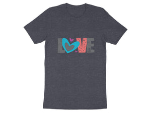 Dark grey t-shirt with the word "LOVE" in gray letters, decorated with hearts and patterns.