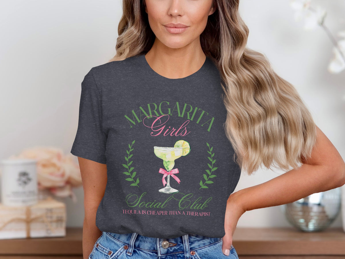 Dark grey t-shirt with margarita glass and "Margarita Girls Social Club" text.
