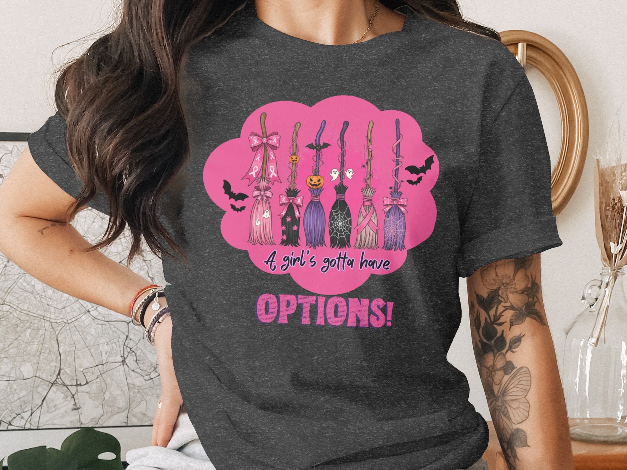 Halloween brooms with bats, ghosts, pumpkins, and pink ribbons. "A girl's gotta have OPTIONS!"