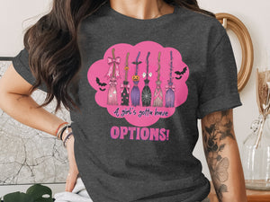 Halloween brooms with bats, ghosts, pumpkins, and pink ribbons. "A girl's gotta have OPTIONS!"
