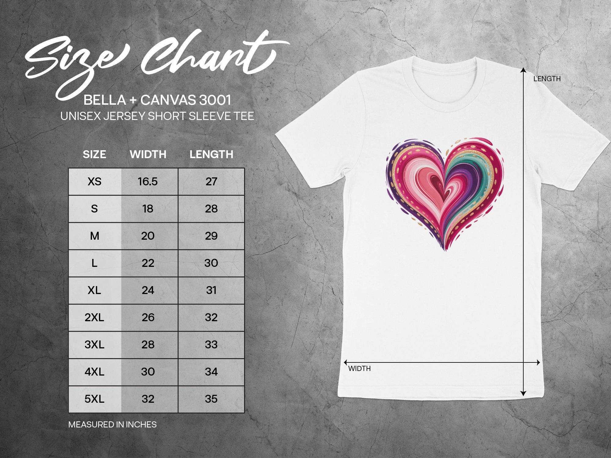 Size chart showing BELLA + CANVAS 3001 unisex shirt sizes, width, and length.