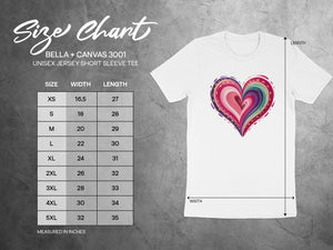 Size chart showing BELLA + CANVAS 3001 unisex shirt sizes, width, and length.