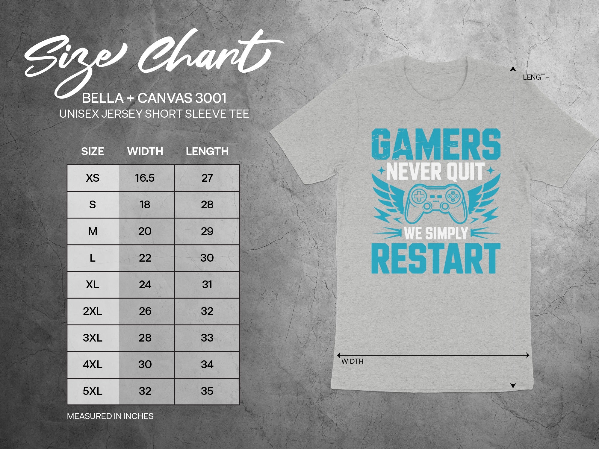 Size chart for Bella + Canvas 3001 unisex short sleeve tee, measured in inches.