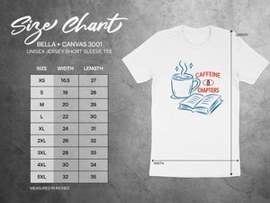 Bella + Canvas 3001 size chart for unisex jersey short sleeve tee.